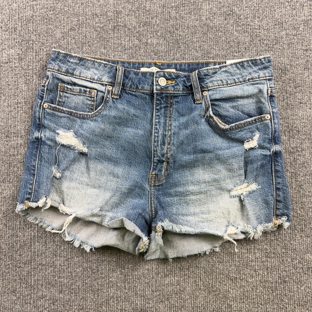 Eunina Lulu Shorts Womens Large Blue Denim High Rise Distressed Cutoff Raw Hem
